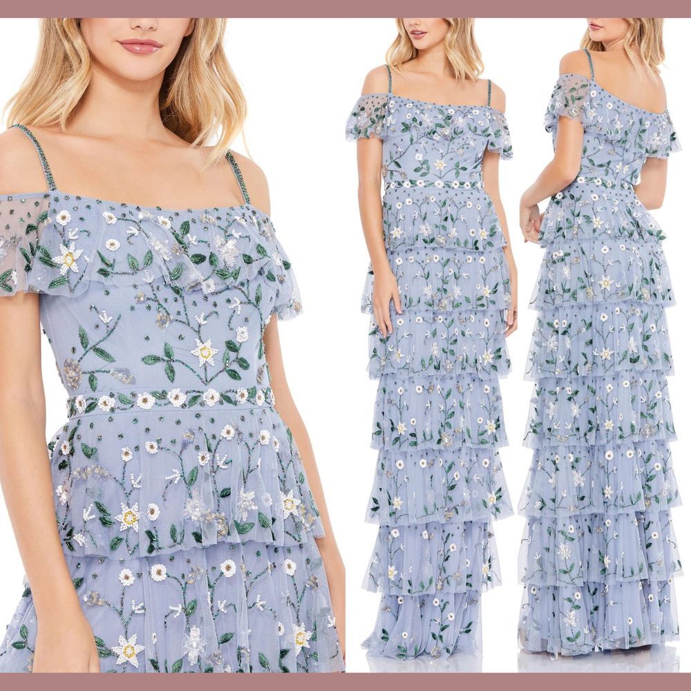 NWT $698 Mac Duggal [ 2 ] 9069 Off‎ Shoulder Embroidered Ruffle Tiered Gown Blue